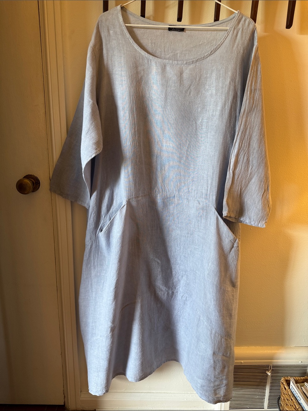 Light Blue Linen Pocket Midi Dress - Women's 3/4 Sleeve Relaxed Fit
